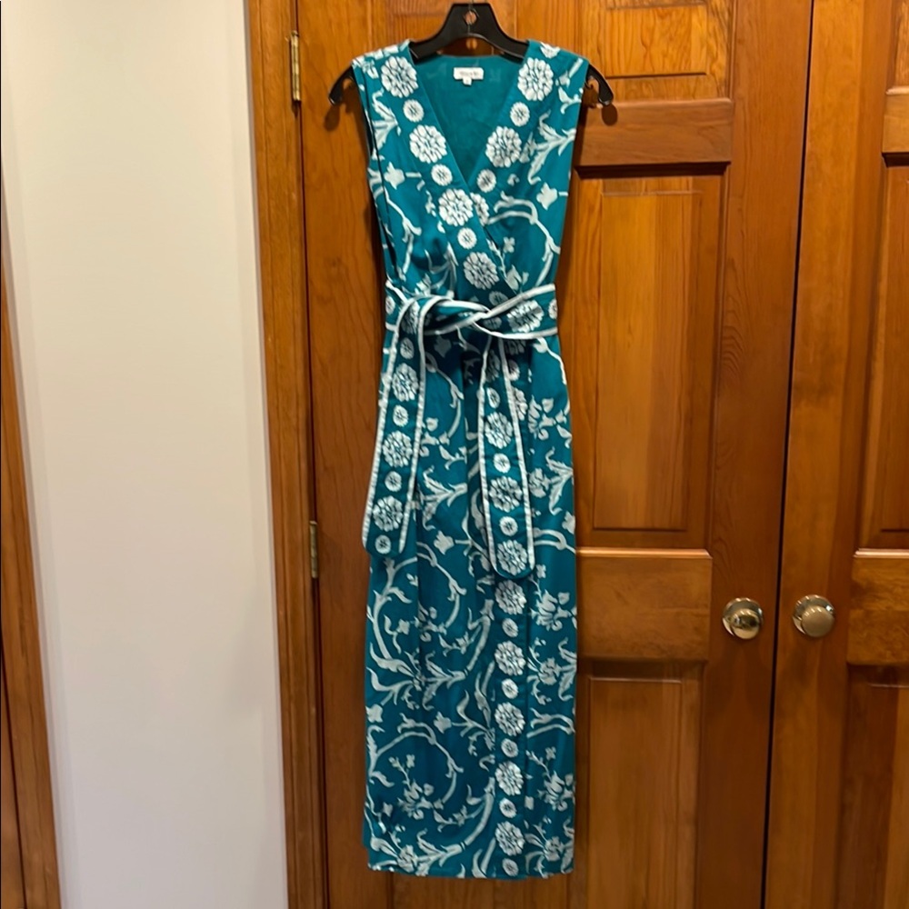 Teal and White Sleeveless Wrap Midi Dress